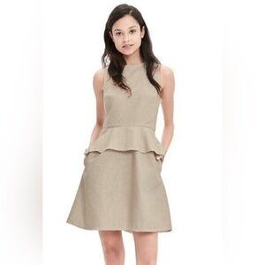 Banana Republic Linen Blend Peplum Burlap Dress 4 Raw Hem Preppy Neutral Twee